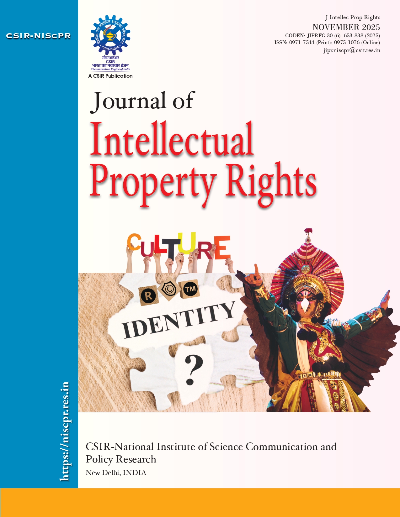 					View Vol. 30 No. 6 (2025): Journal of Intellectual Property Rights
				